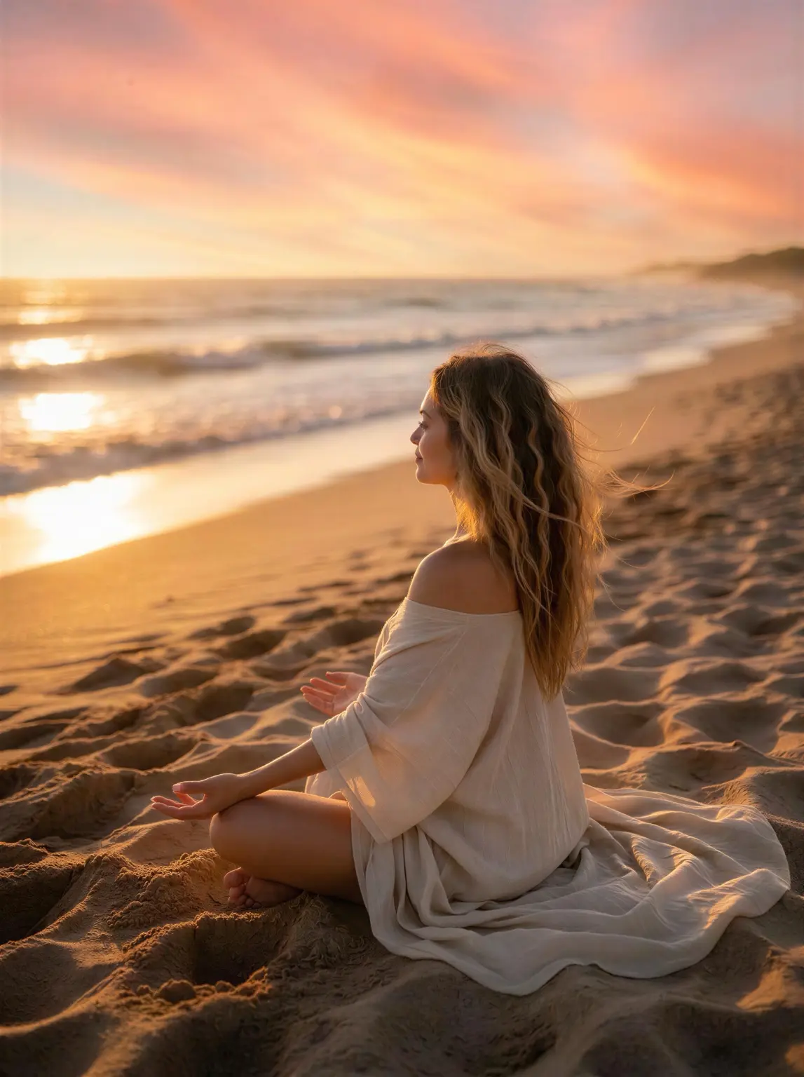 Jusane Katz meditando na praia ao pôr do sol