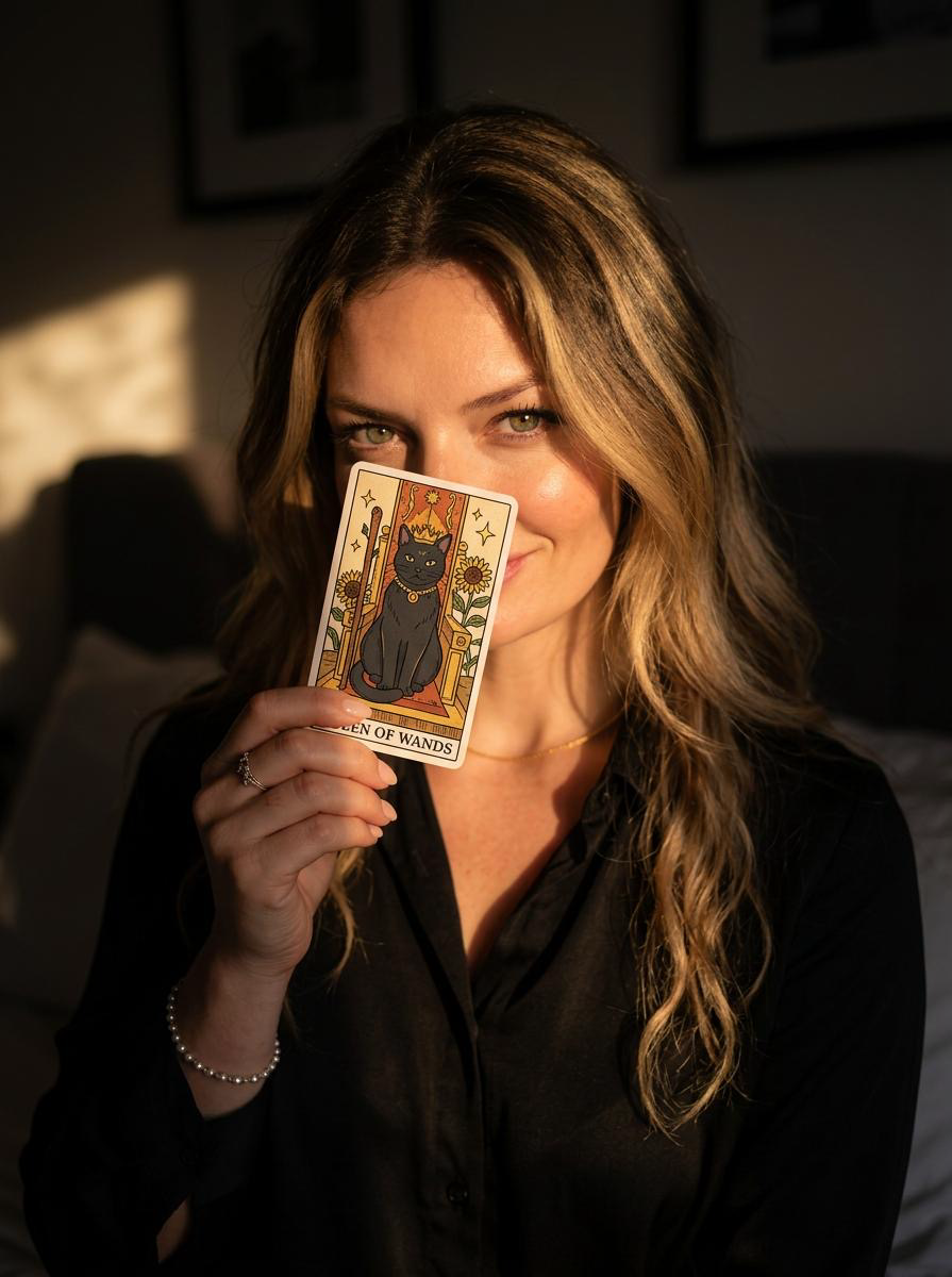 Jusane Katz segurando uma carta de Tarô